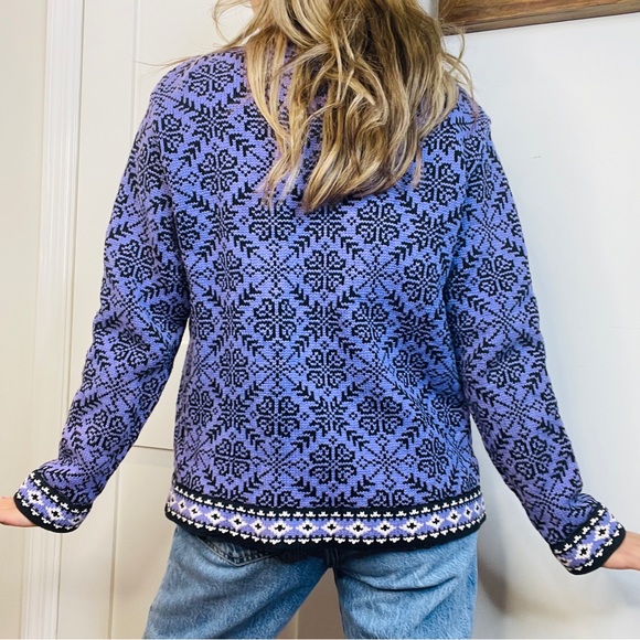 L.L Bean 100% Cotton Black and Purple Button Up Thick Sweater Cardigan snowflake - Picture 3 of 5